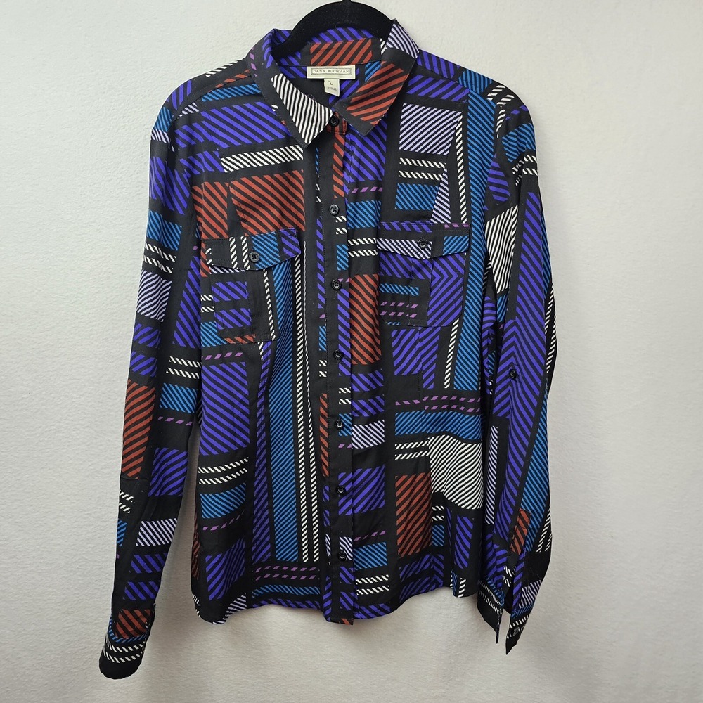 Dana Buchman Shirt Woman's Size Large Multicolor Geometric Vintage Button Up